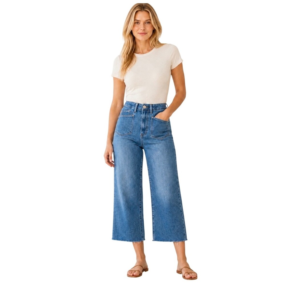 PAIGE Anessa High Rise Wide Leg Cropped Jeans Blue Patch Pockets Size 28